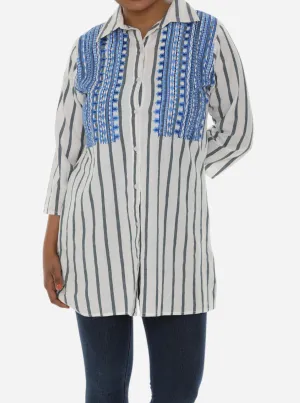 White Button Stripe Shirt with Embroidered Accent