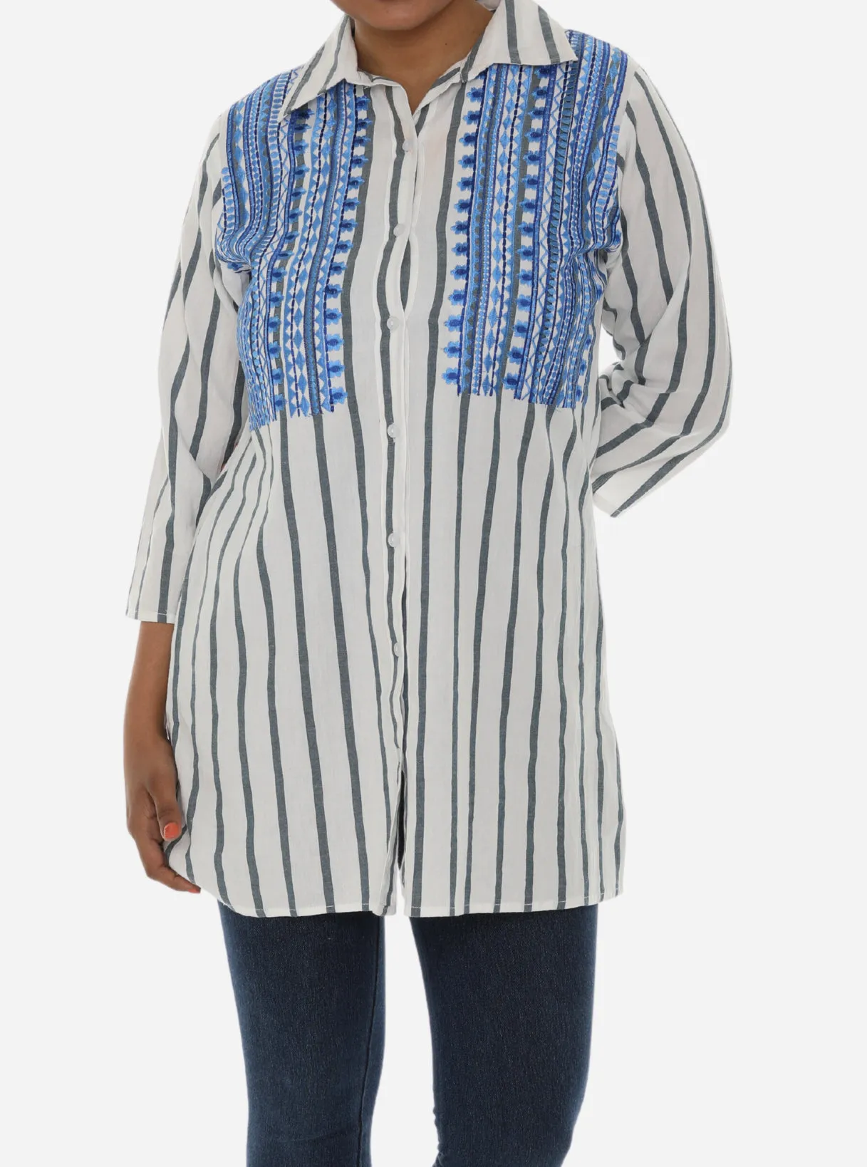 White Button Stripe Shirt with Embroidered Accent