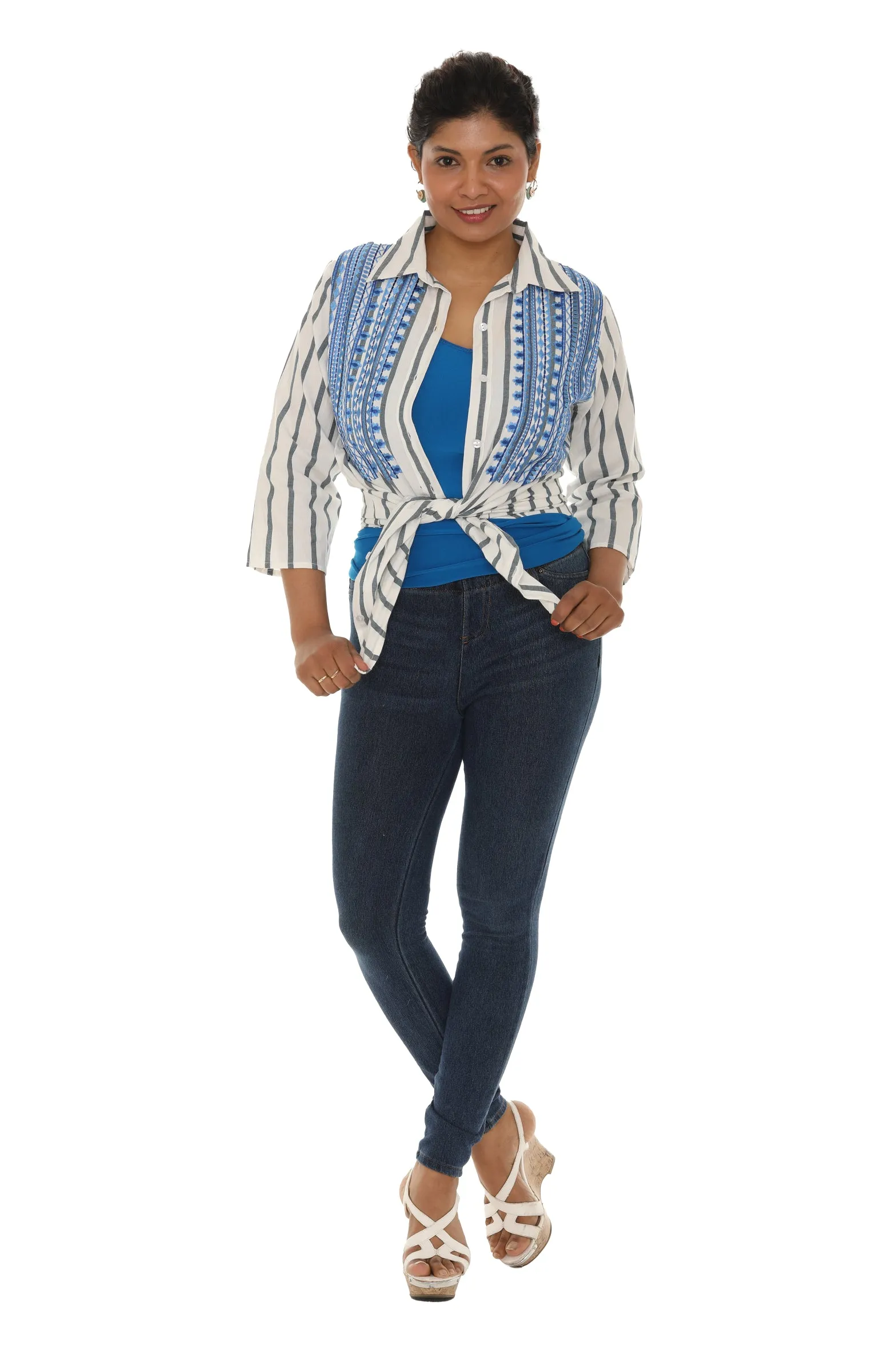White Button Stripe Shirt with Embroidered Accent