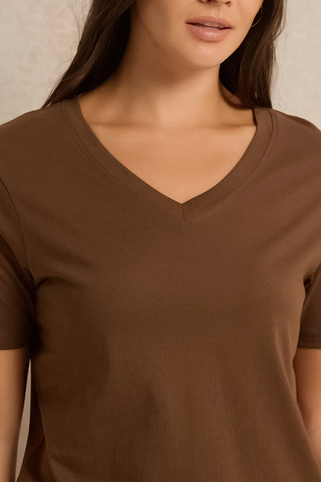 Women Brown Short Sleeve V Neck T-Shirt