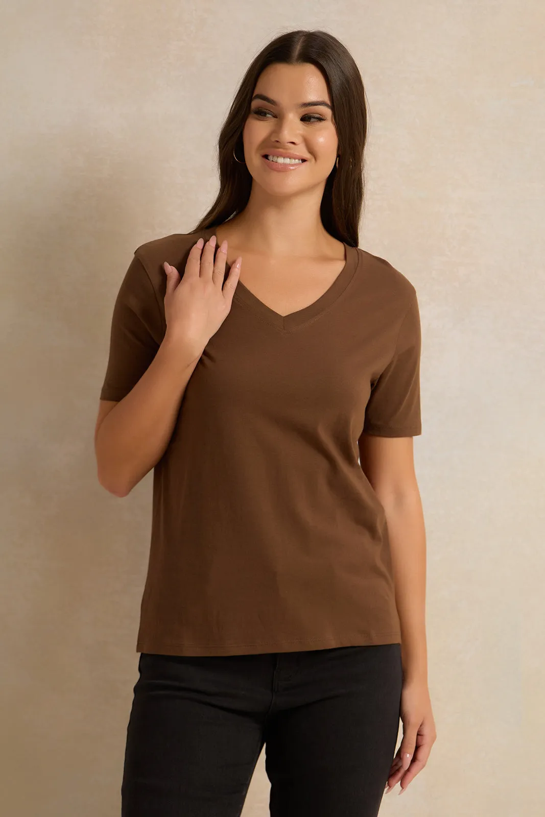 Women Brown Short Sleeve V Neck T-Shirt