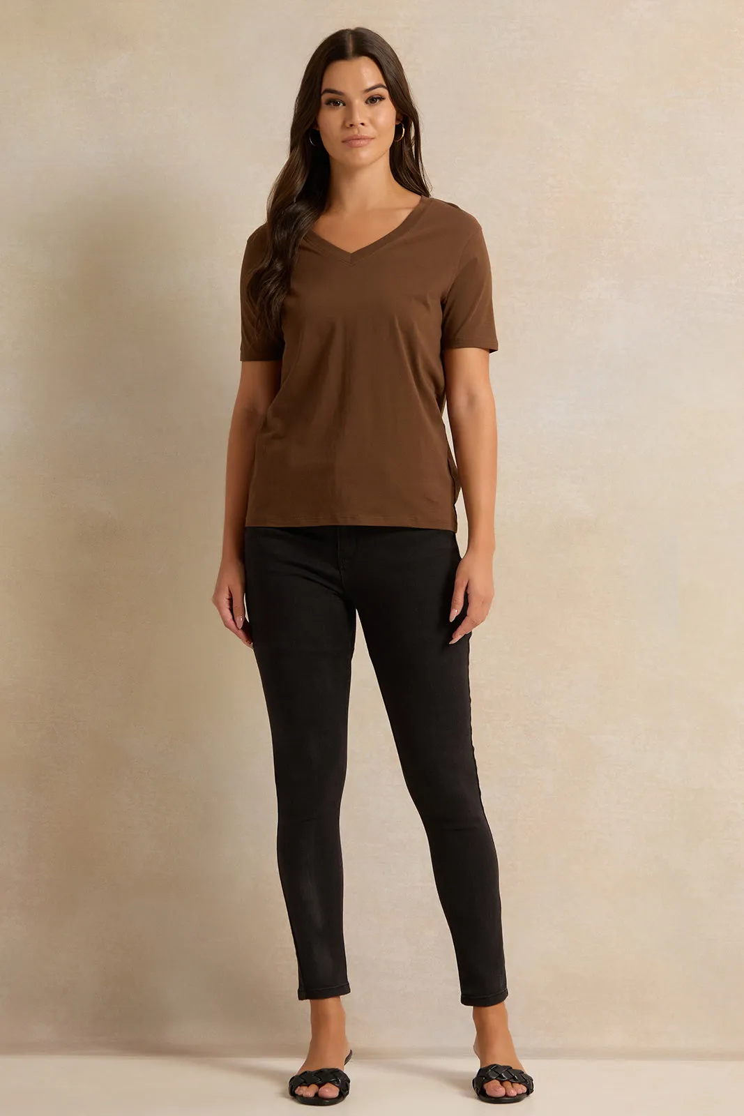 Women Brown Short Sleeve V Neck T-Shirt