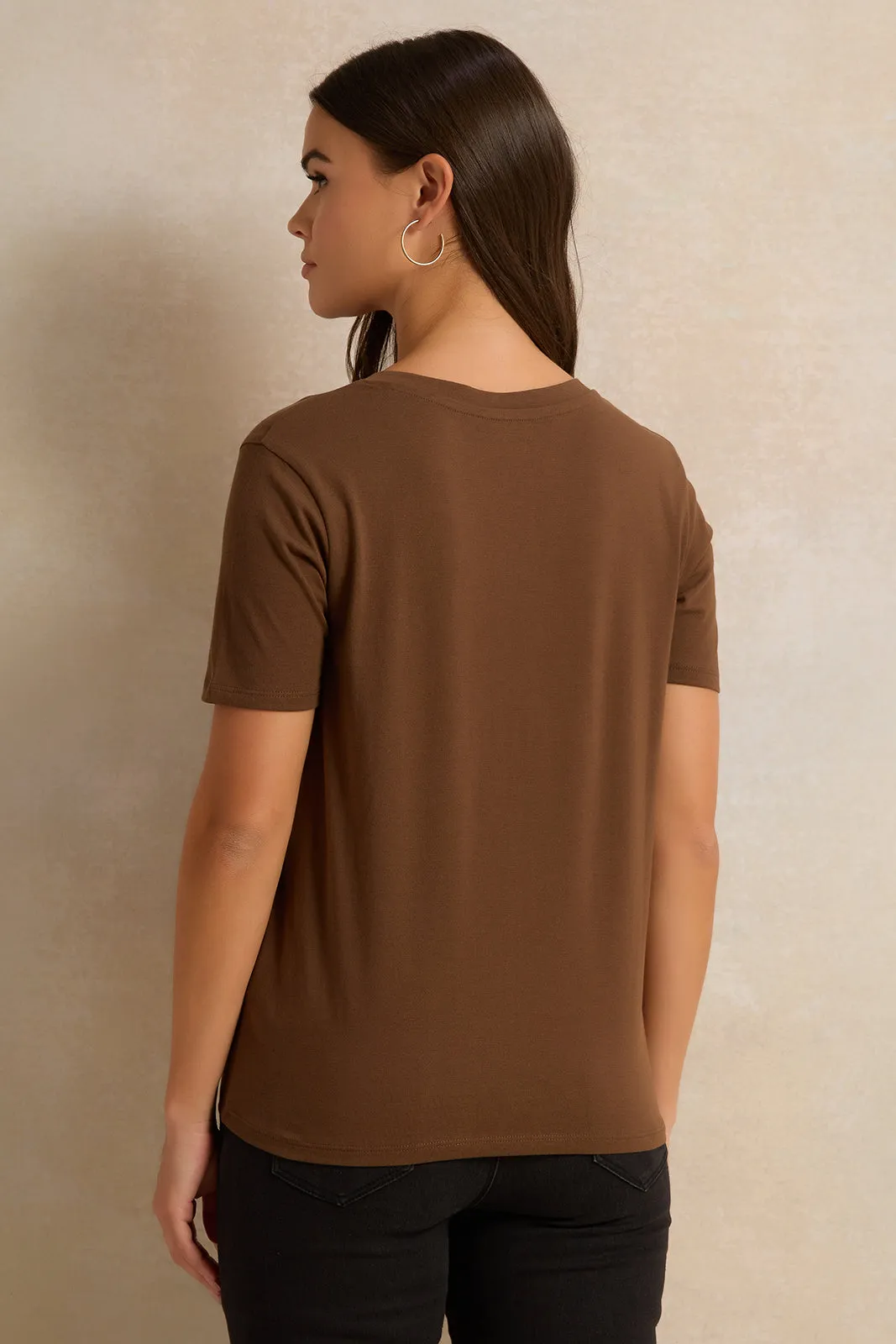 Women Brown Short Sleeve V Neck T-Shirt