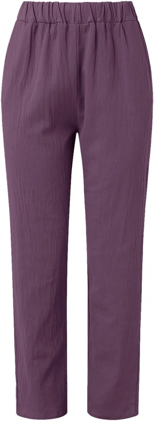 Women Wide Leg Linen Pants 2025 Summer High Waist Palazzo Pants Dress Solid Trouser with Pockets