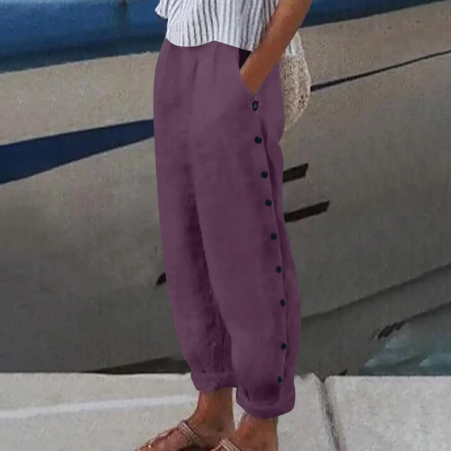 Women Wide Leg Linen Pants 2025 Summer High Waist Palazzo Pants Dress Solid Trouser with Pockets