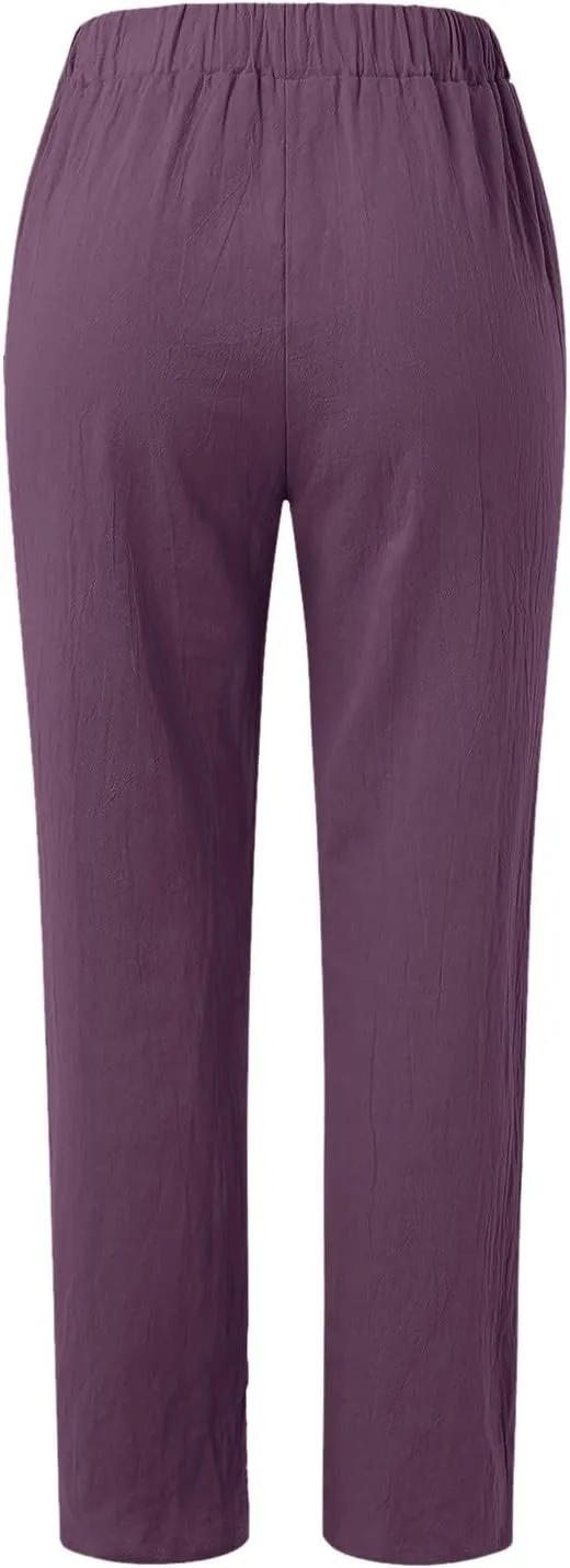 Women Wide Leg Linen Pants 2025 Summer High Waist Palazzo Pants Dress Solid Trouser with Pockets