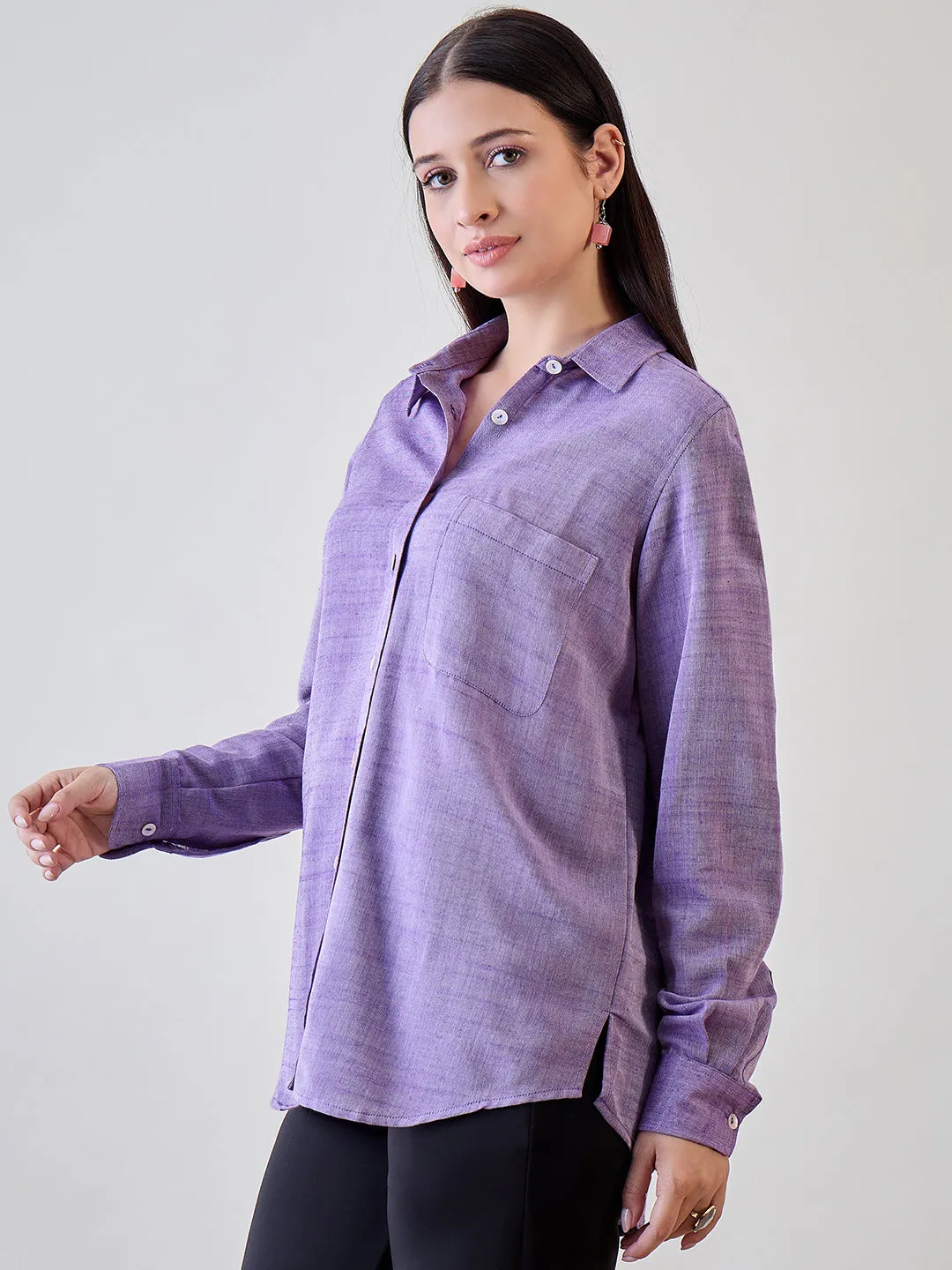 Women's Purple Linen Solid Plain Shirt - The Kaftan Company