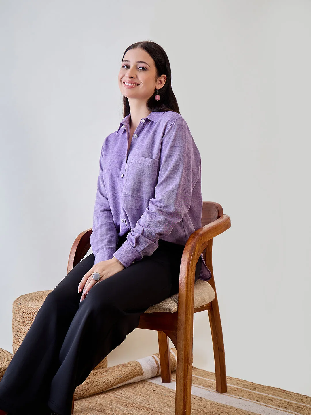 Women's Purple Linen Solid Plain Shirt - The Kaftan Company