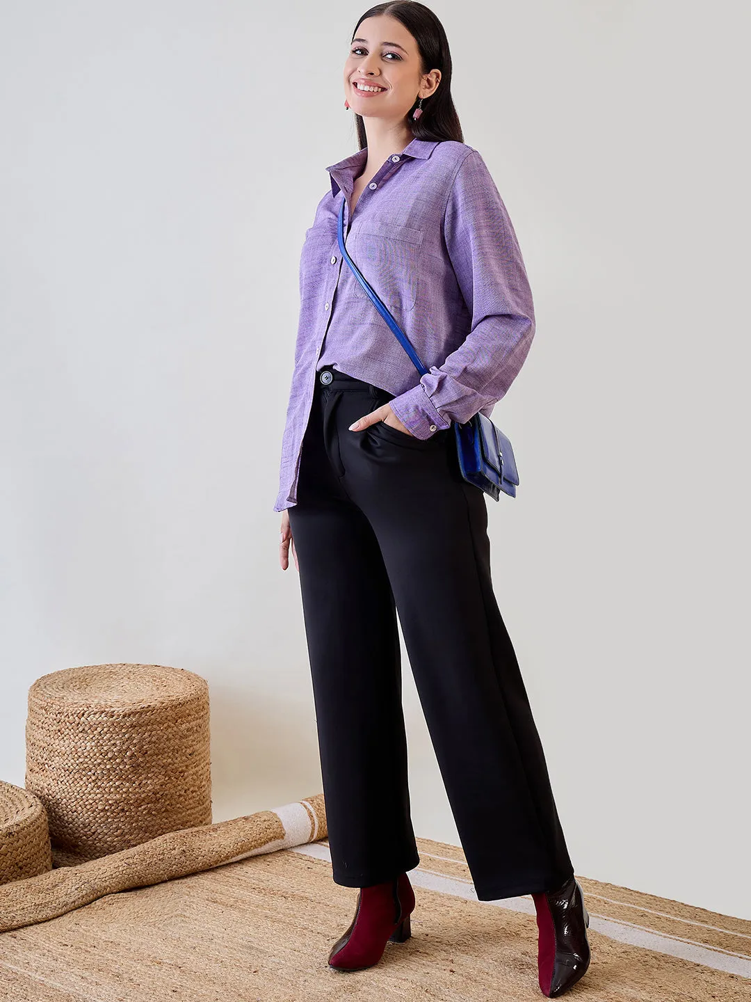 Women's Purple Linen Solid Plain Shirt - The Kaftan Company