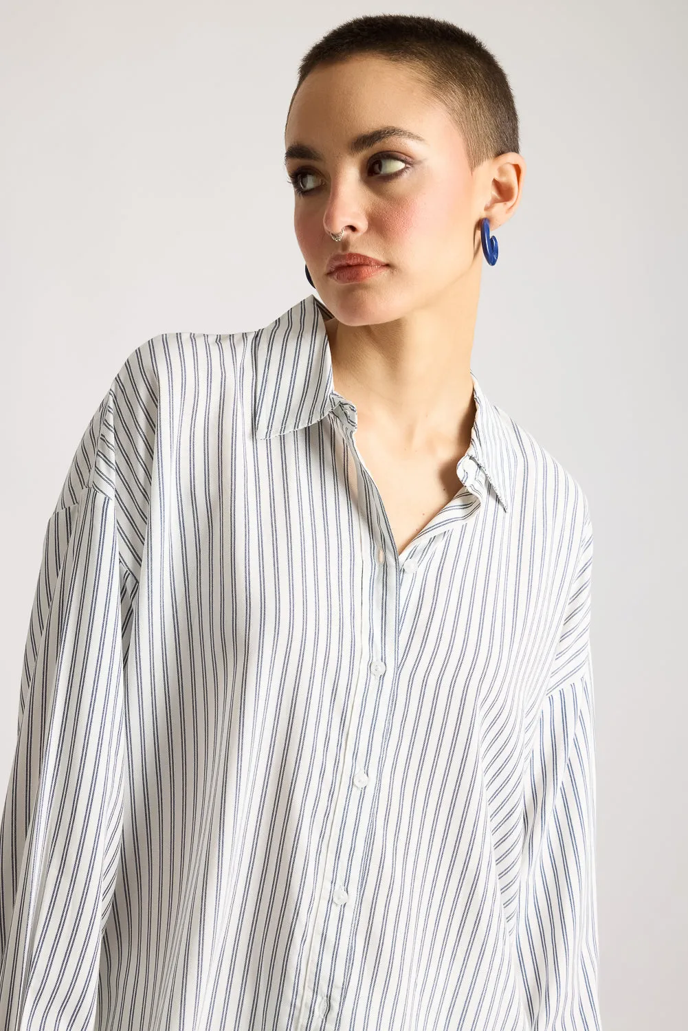 Women's Relaxed Fit Viscose Shirt - Navy Blue Stripes