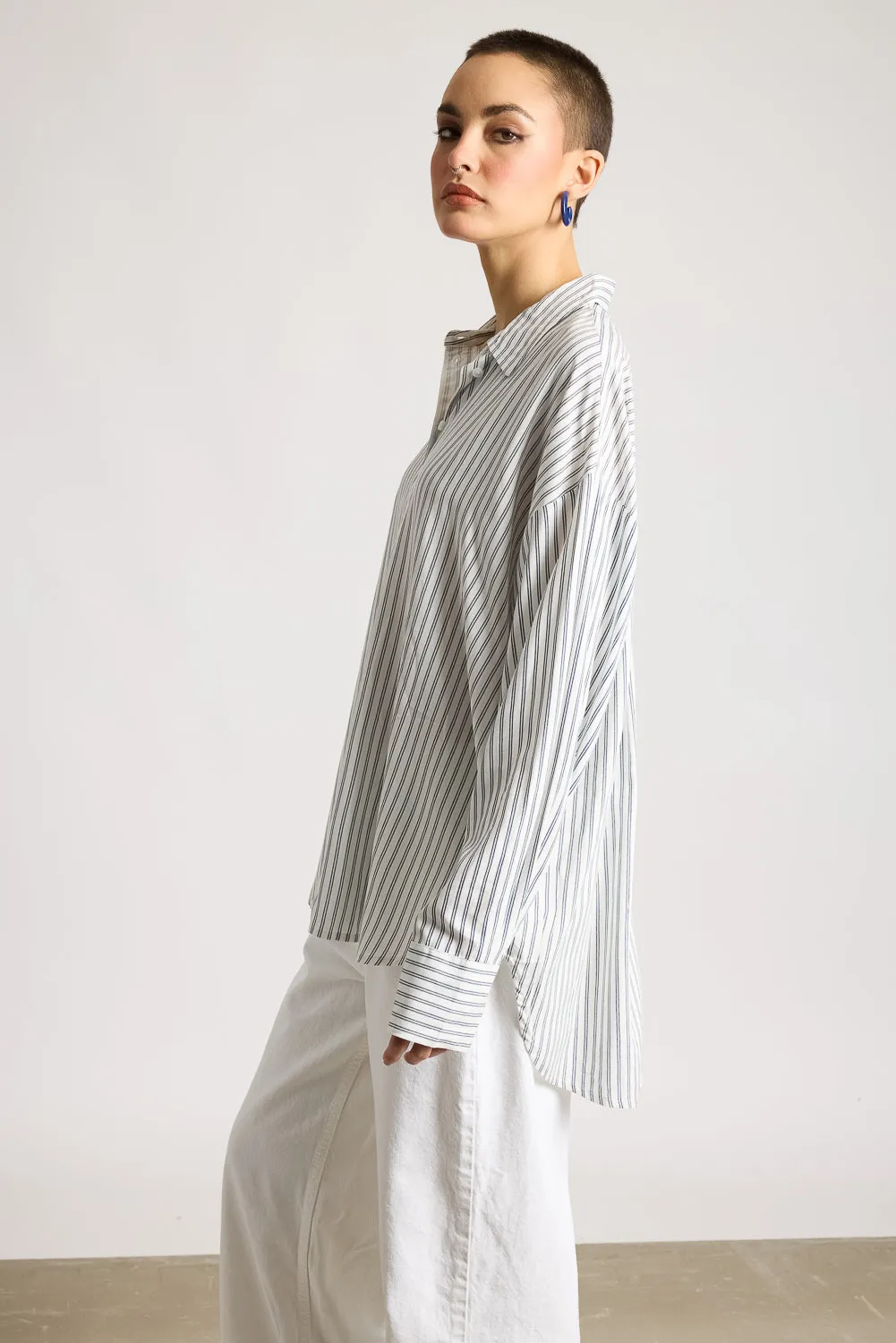 Women's Relaxed Fit Viscose Shirt - Navy Blue Stripes